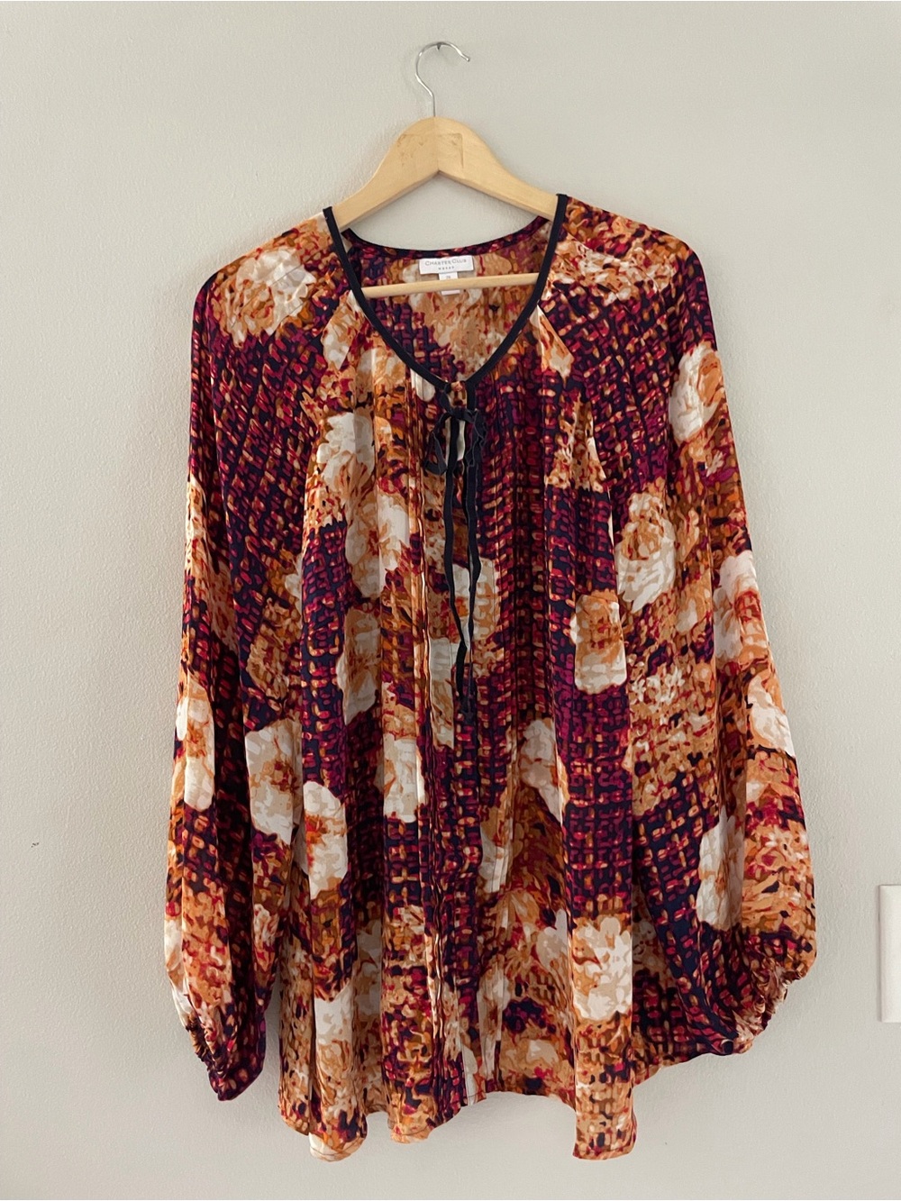 Charter Club Burgundy & Orange Multi Floral Tie-Front Blouse